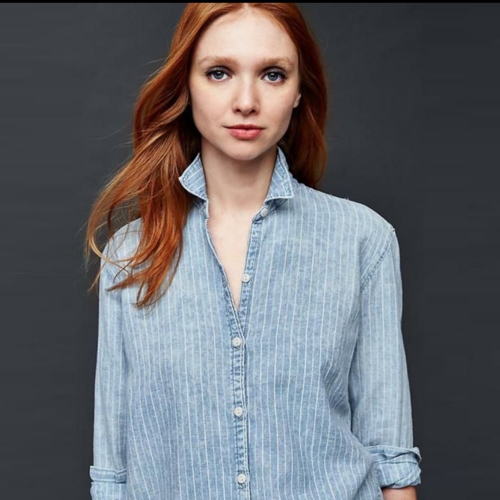 GAP Tall Railroad Stripe Chambray Boyfriend Shirt